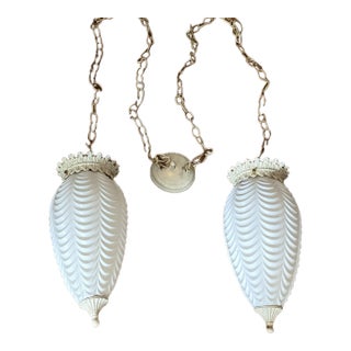 1960s Hollywood Regency Mid Century Swag Two-Light Ceiling Fixture - White Frosted Ruffled Drapery Shades For Sale