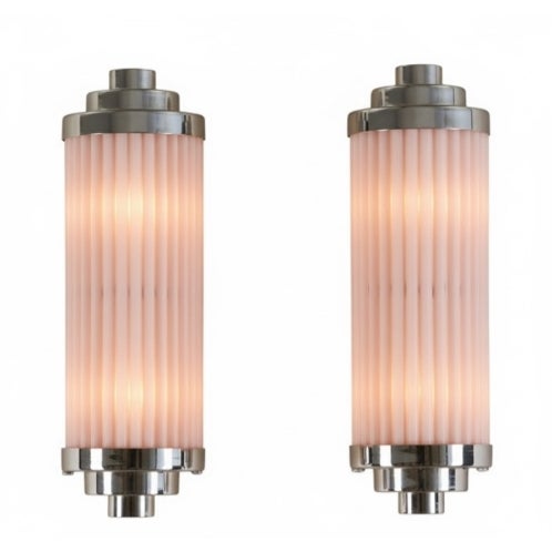 Vintage Art Deco Light Old Lamp Wall Sconces Fixture Nickel Brass & Pink Glass Rod Ship Light - Pair For Sale - Image 4 of 4