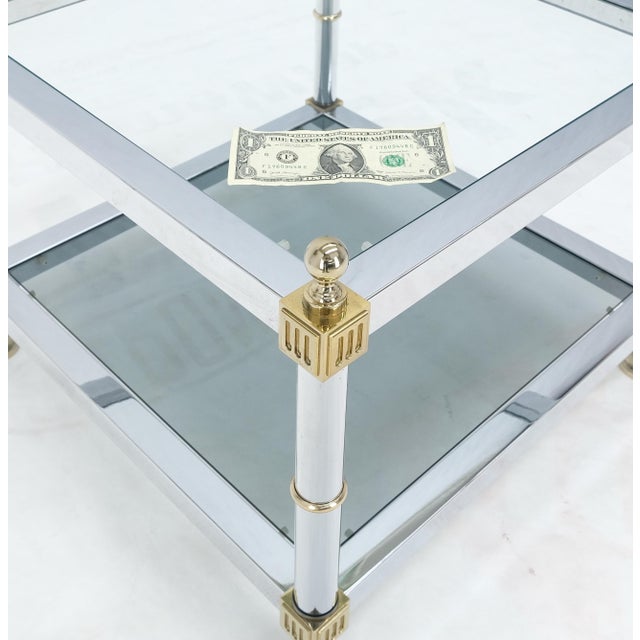 Pair of Italian Mid Century Modern Square Chrome & Brass Smoked Glass Two Tier End Side Tables