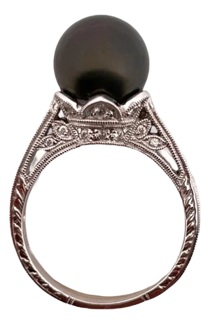 14k White Gold Grey Pearl and Diamond Ring, Size 7.5