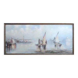 1920s Boats on the Nile Landscape Painting, Framed
