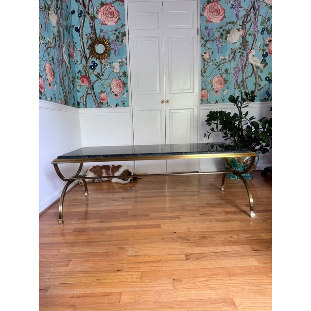 Maison Jansen Mid 20th Century Maison Jansen Style Green Marble Brass Coffee Table For Sale - Image 4 of 12