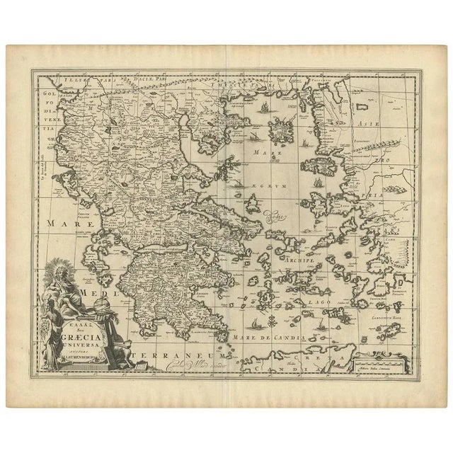 Antique map titled 'Hellas seu Graecia Universa' Detailed map of Greece, with Crete, the Aegean Islands, and part of...