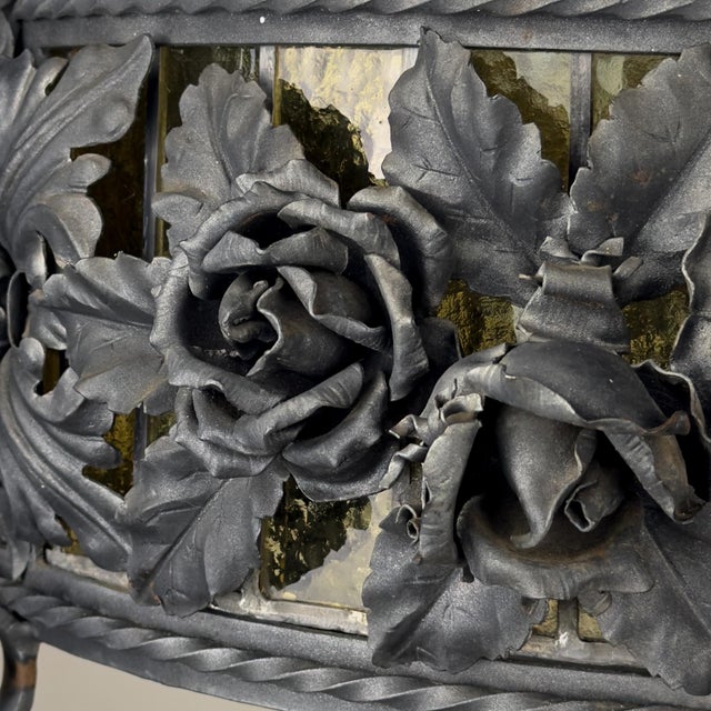 Art Nouveau Revival Wrought Iron Chandelier with Floral Stained Glass, Italy, 1950s For Sale - Image 18 of 18