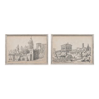 Early 19th Century Constant Bourgeois Du Castelet (1767–1841) Pair of Ink Wash Drawings — Views of Palaces in the Roman Countryside For Sale