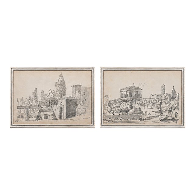 Early 19th Century Constant Bourgeois Du Castelet (1767–1841) Pair of Ink Wash Drawings — Views of Palaces in the Roman Countryside For Sale