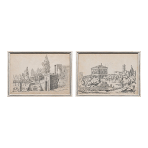 Early 19th Century Constant Bourgeois Du Castelet (1767–1841) Pair of Ink Wash Drawings — Views of Palaces in the Roman Countryside