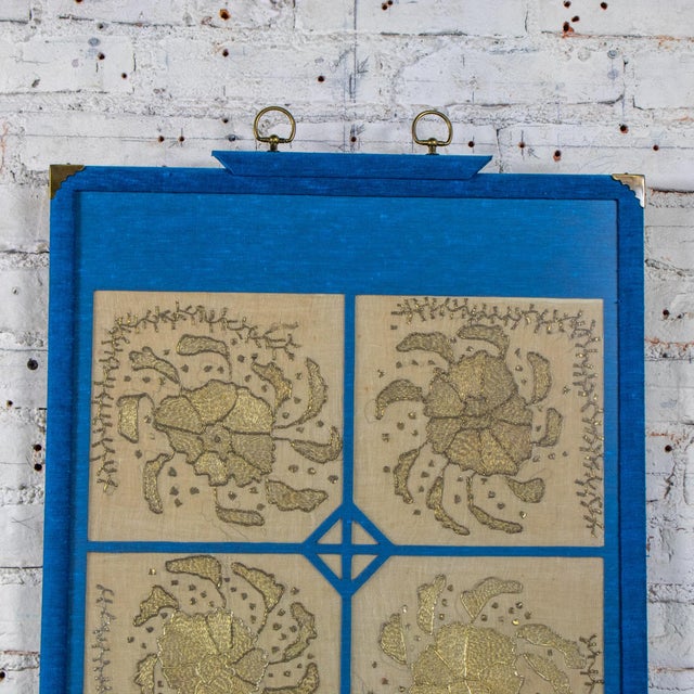 19th to 20th Century Textile Wall Art Metallic Gold Embroidered Panel on Linen Blue Silk Frame Manner of Turkish Ottoman For Sale - Image 6 of 18