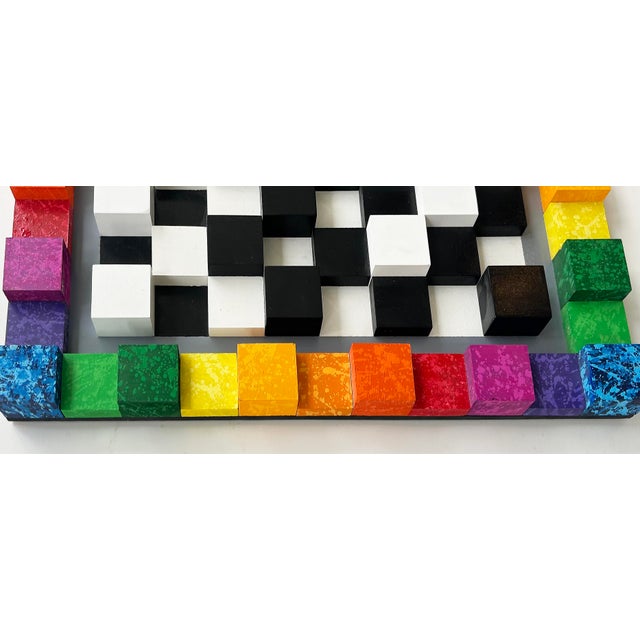 Vintage Bright Colorful Optical Art "Chessboard" Wall Sculpture in Wood Painted For Sale - Image 4 of 12