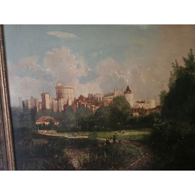Large Windsor Castle Thames Landscape Oil Painting in Ornate Pierced Frame With Picture Light For Sale - Image 4 of 17