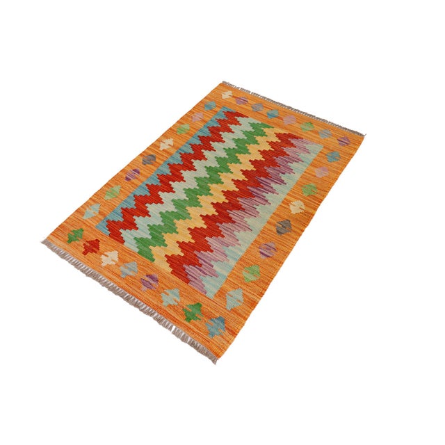 Abstract Abstract Turkish Kilim Rust Blue Hand-Woven Wool Rug For Sale - Image 3 of 9
