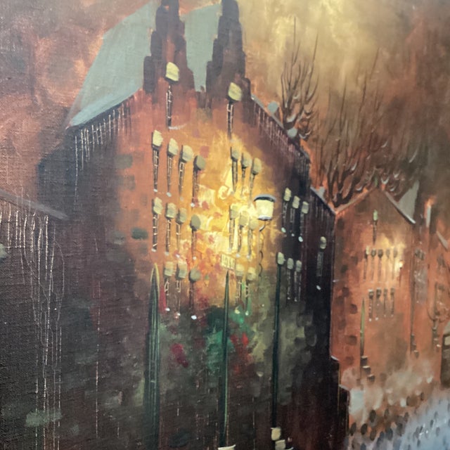 Impressionist Vintage Oil Painting on Canvas "City Motif at Dusk" Signed Framed For Sale - Image 3 of 12