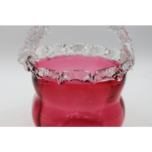 Raspberry Pink Circa 1880 English Cranberry Glass Bride's Basket With Clear Handle For Sale - Image 8 of 8