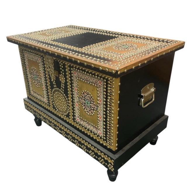 1990s Ornate Zanzibar Style Brass-Studded Dowry Chest - Small Scale For Sale - Image 4 of 7
