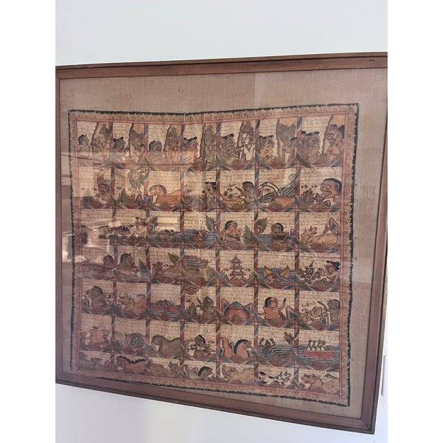 1960s Large Framed Balinese Narrative Manuscript Painting on Cloth, 38” Square For Sale - Image 4 of 5