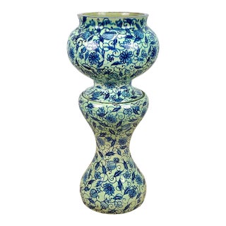 Antique Farmhouse Blue & Celadon Floral Jardiniere Planter & Pedestal For Sale