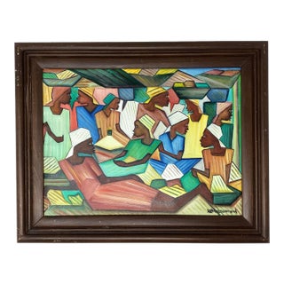 Original Haitian Oil Painting Depicting a Vibrant Market Scene. For Sale