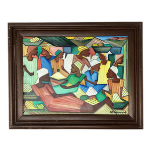 Original Haitian Oil Painting Depicting a Vibrant Market Scene.