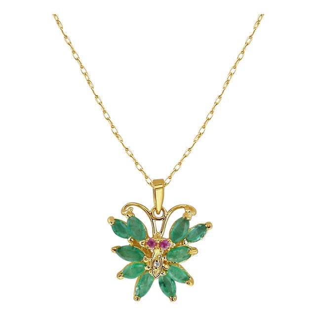Butterfly Shaped Emerald & Ruby Necklace 16" For Sale