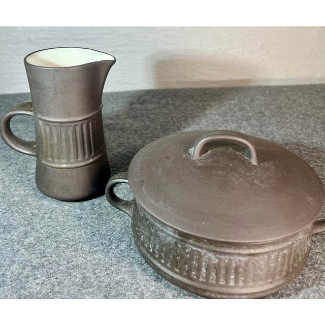 Dansk Designs Mid 20th Century Dansk Denmark Flamestone Brown Fluted Creamer & Lidded Sugar For Sale - Image 4 of 8