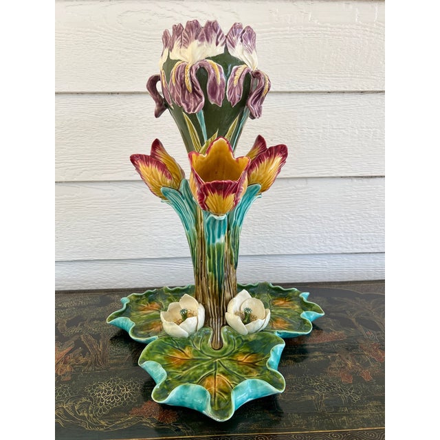 Antique French Majolica Vase Centerpiece Onnaing Art Nouveau Iris Tulip C1900 For Sale In Dallas - Image 6 of 18