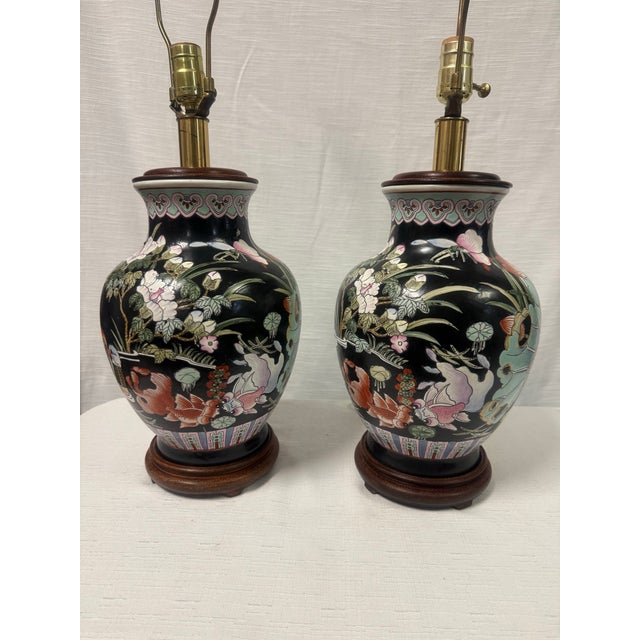Stylish Vintage Chinoiserie Famille Noire Vase Table Lamps - A Pair For Sale - Image 6 of 9
