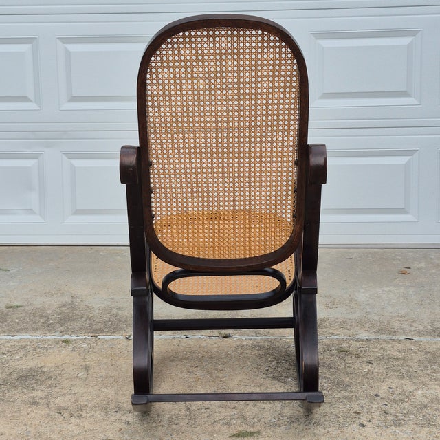 1970s Vintage Thonet Style Bentwood Cane Rocking Chair Dark Stained Frame For Sale In Washington DC - Image 6 of 12
