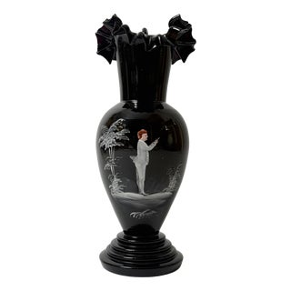 Antique Bohemian Deep Ruby Glass Vase with Romantic White Enamel Painting, 1900 For Sale