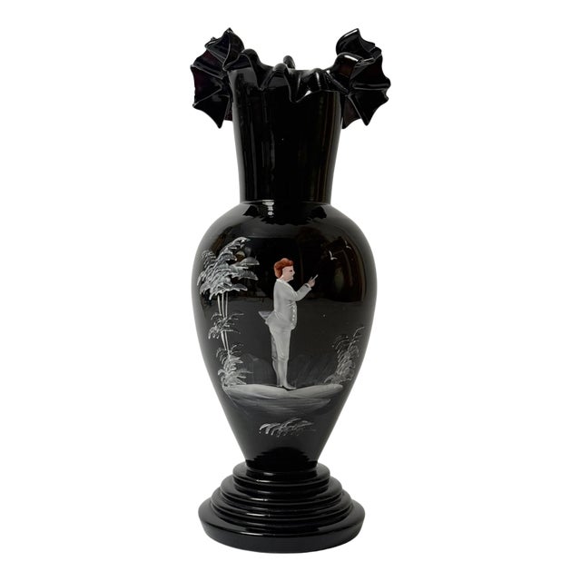Antique Bohemian Deep Ruby Glass Vase with Romantic White Enamel Painting, 1900 For Sale