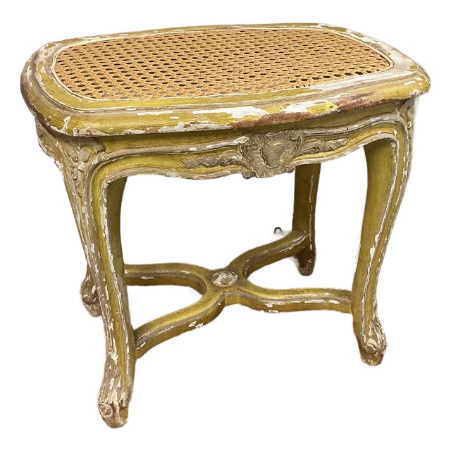 Vintage French Carved Wood Footstool Caning Replaced Chippy Original Finish Beige Yellow For Sale