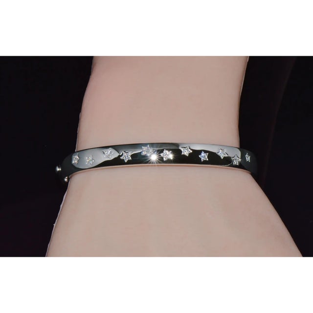 Silver Designer Natural 0.35cts Diamond 18k Solid Gold Celestial Starburst Stacking Bangle For Sale - Image 8 of 15