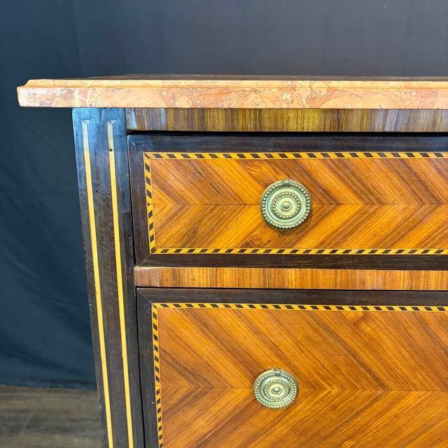 Wood French Neoclassical Louis XVI Marble Top Parquetry Chest of Drawers For Sale - Image 7 of 13