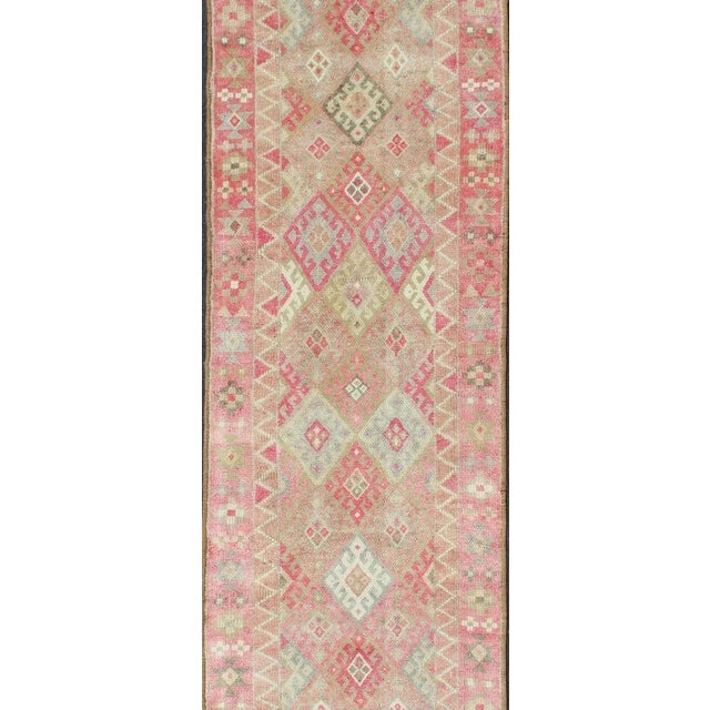 Unique Runner in Light Green, pink red colored Turkish runner in Kurdish design, rug en-165332, country of origin / type:...