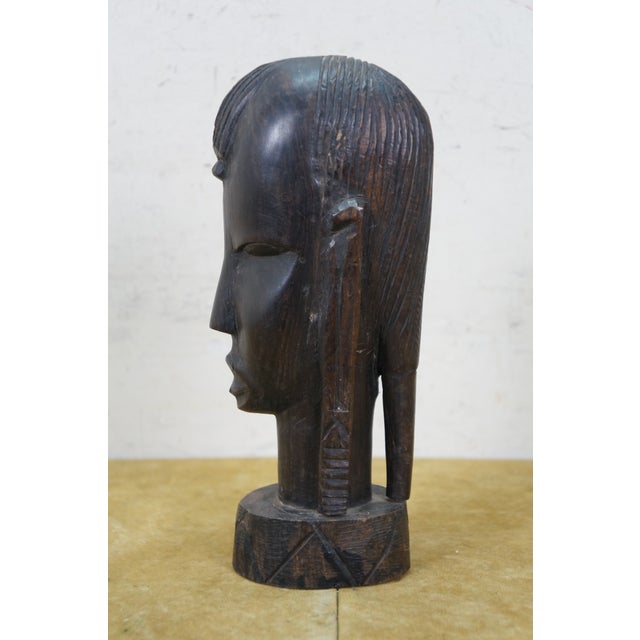 Mid 20th Century Vintage African Folk Art Carved Blackwood Tribal Warrior Bust Head Figurine 9" For Sale - Image 5 of 11