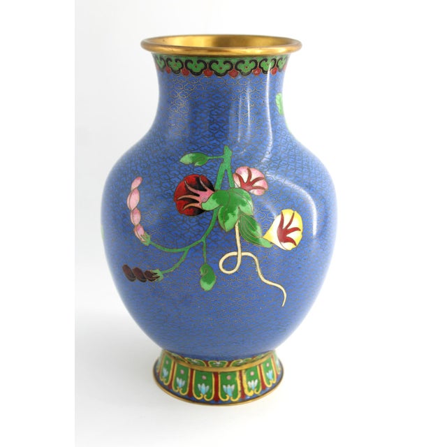 VTG Chinese Cloisonne Vase Cobalt Blue Bird Peony Floral Chinoiserie, 10.25” T For Sale - Image 4 of 10
