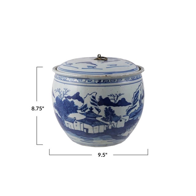 Kenneth Ludwig Chicago Hand Painted Stoneware Reproduction Ginger Jar W/ Landscape & Brass Ring For Sale - Image 4 of 5