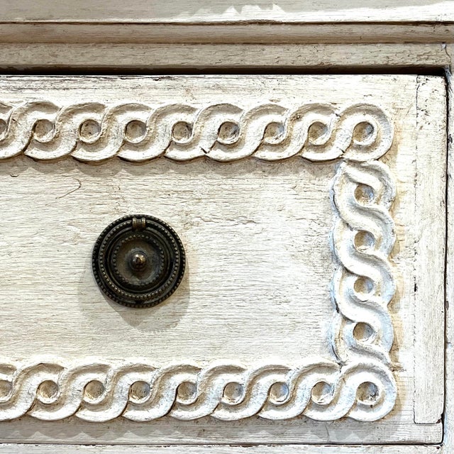 Shabby Chic Rare Pair of 19th Century Carved Painted Gustavian Dresser Commodes For Sale - Image 3 of 16