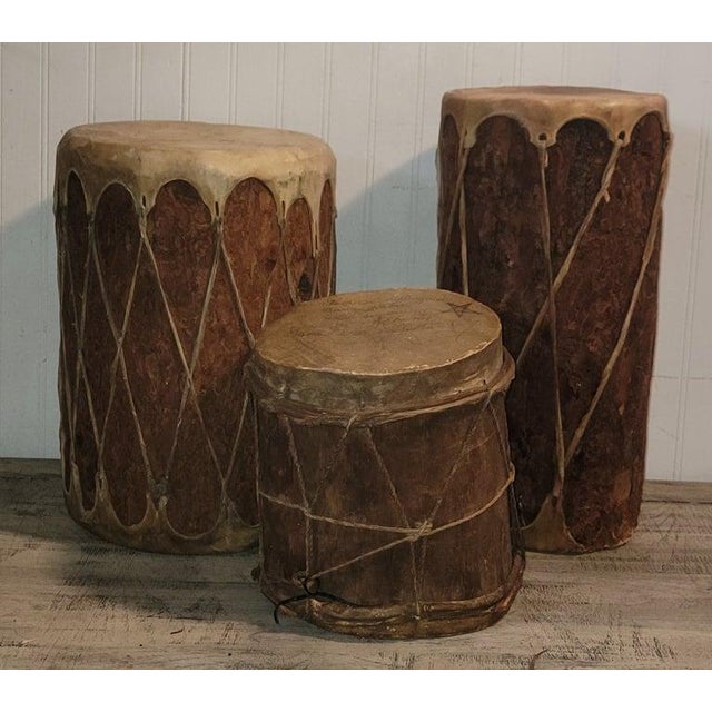1930s Collection of Four Wood and Leather Drums For Sale - Image 5 of 7