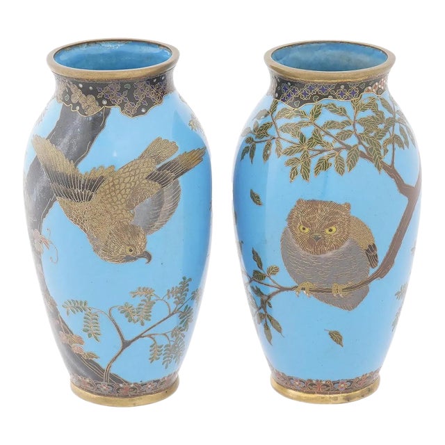 Pair Japanese Cloisonne Owls Hawks Maple on Turquoise Blue Enamel Vases Goto For Sale