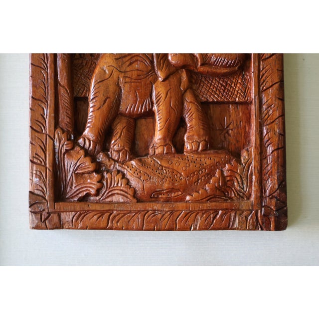 Vintage Southeast Asian Carved Teak Elephant & Temple Relief on Silk For Sale - Image 10 of 16