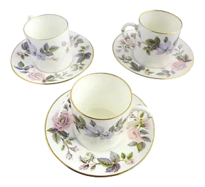 Vintage Porcelain Royal Worcester June Garland England Set of 3 Demitasse Cups & Saucers