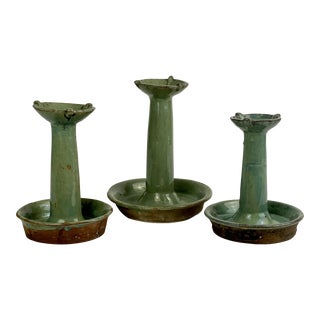 Set of 3 Antique Ceramic Chinese Oil Lamps in Olive Green & Blue For Sale
