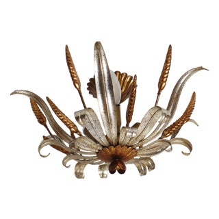 Hollywood Regency Flush Mount with Ears of Corn in Gold and Silver, 1970s For Sale