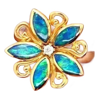 Kabana Diamond Fire Opal 14k Yellow Gold Flower Ring, Size 7.25 For Sale