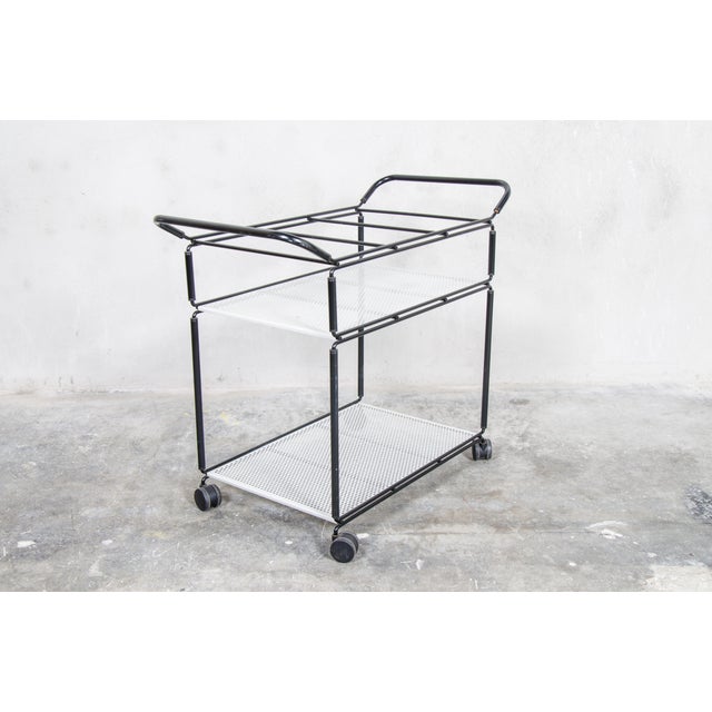 80s Pilastro trolley Serving Bar, originally designed by Tjerk Reijenga. Metal, black and white. Lower shelf for glasses...