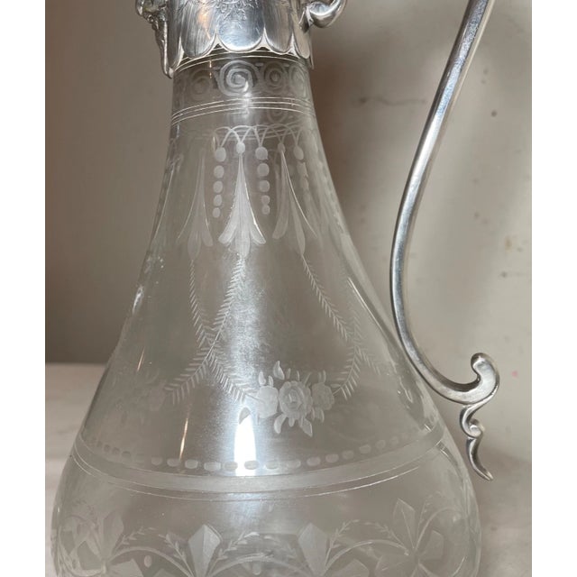 Metal Antique 1800's Ornate Silverplate Etched Crystal Glass Wine Claret Decanter For Sale - Image 7 of 13