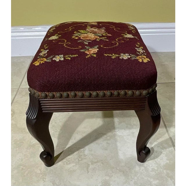 Antique Hand Carved Needlepoint Textile Upholstered Foot Stool For Sale In Miami - Image 6 of 13