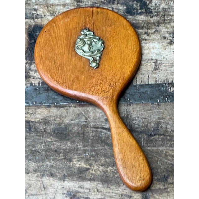 Wood Vintage Art Nouveau Carved Wood Handheld Mirror For Sale - Image 7 of 12