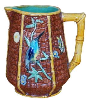 Antique Majolica Fielding Bamboo Basketweave Hummingbird Butterfly Pitcher Jug