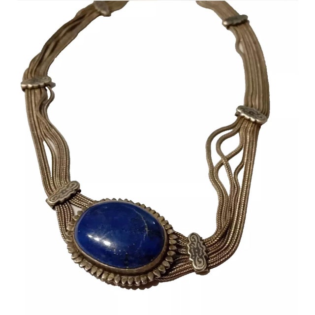 Vintage Mid Century 1950s Silver Necklace Pendant Lapis Lazuli Cabochon Gemstone Collar Choker Blue Handmade For Sale - Image 11 of 12